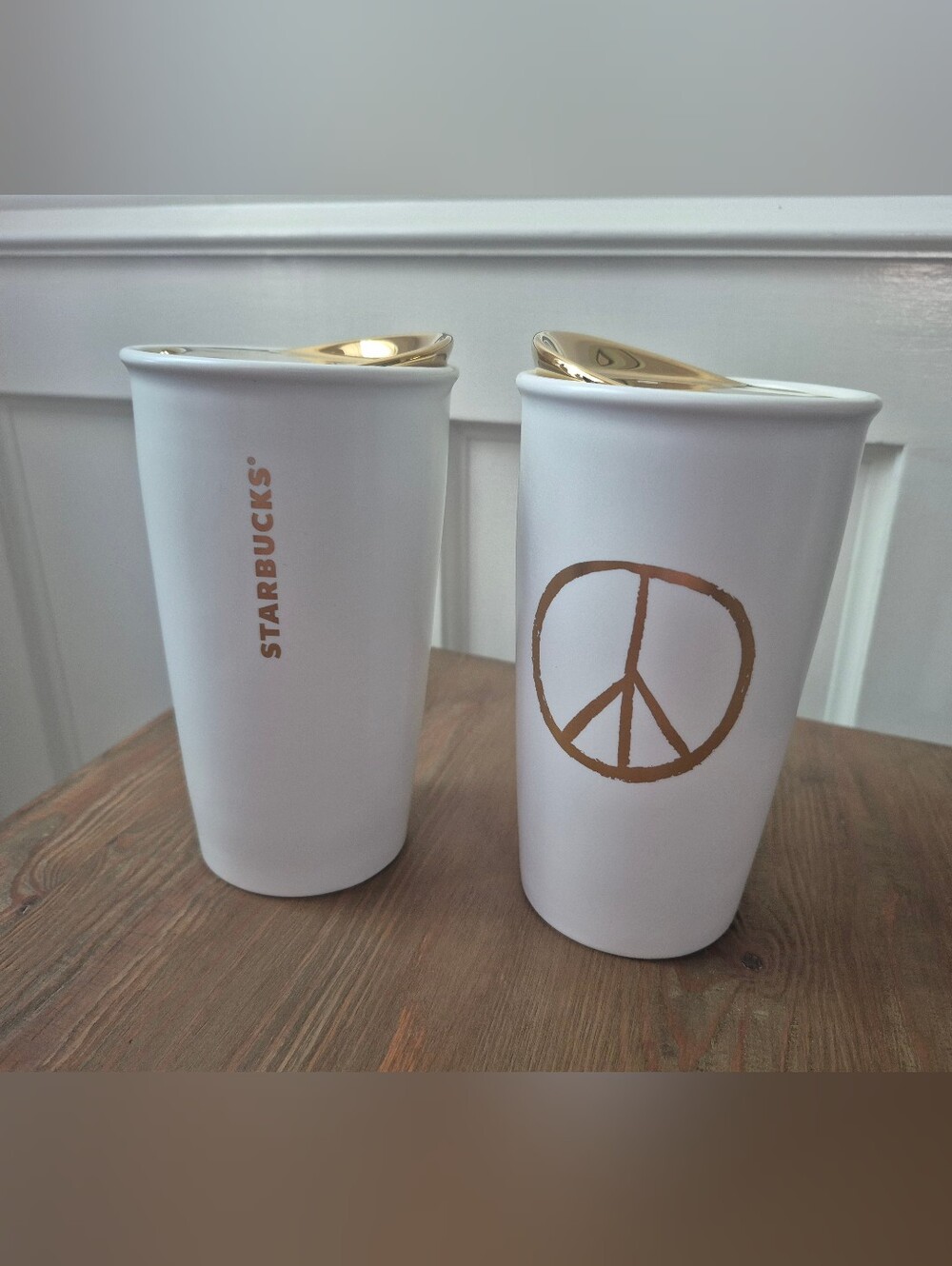 Two Starbucks 2015 Collectible Ceramic Gold Travel Mugs